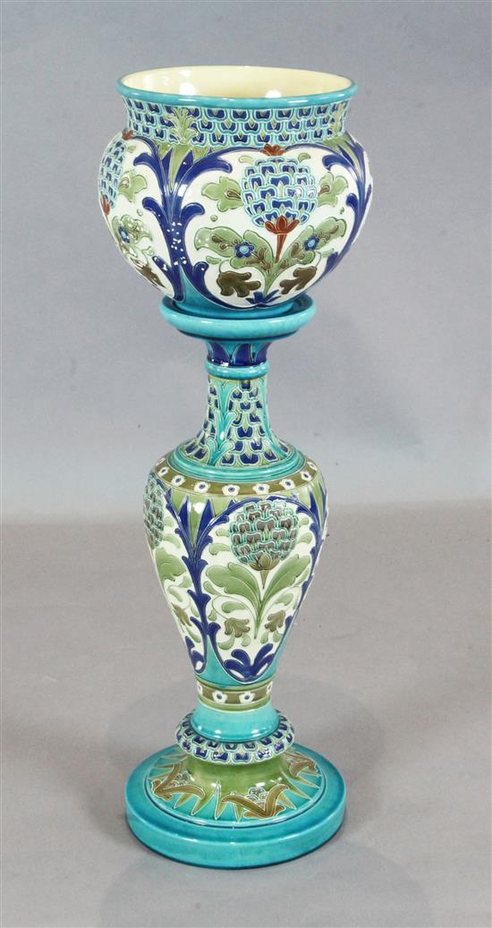 A Burmantofts faience Isnik style jardiniere and stand, c.1900, impressed marks including model numbers 2096 total height 84.5cm